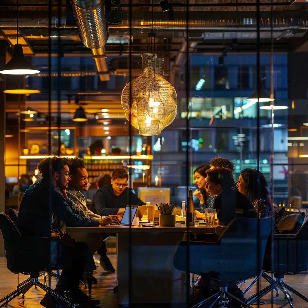 a bustling urban office space, featuring diverse professionals engaged in a focused discussion around a large conference table, illuminated by bright overhead lights, symbolizing collaboration in crisis intervention support services.
