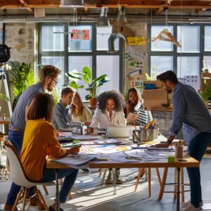 a dynamic office setting showcases a diverse group of professionals engaging in a focused workshop, surrounded by strategic crisis intervention tools displayed prominently on modern desks, emphasizing collaboration and problem-solving.