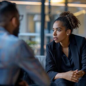 a focused crisis interventionist engages in a dynamic conversation with a distressed individual in a modern office setting, utilizing empathetic body language and a calm demeanor to create an atmosphere of support and understanding.