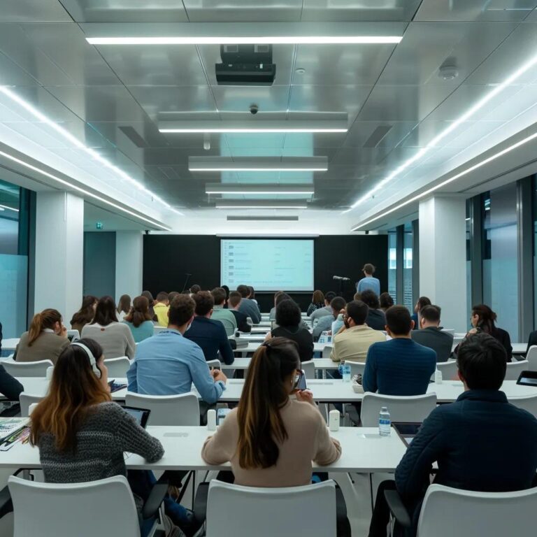 a focused, modern training room filled with engaged professionals attentively participating in a dynamic workshop on crisis intervention techniques, illuminated by bright, overhead lights that enhance the vibrant atmosphere of learning and collaboration.