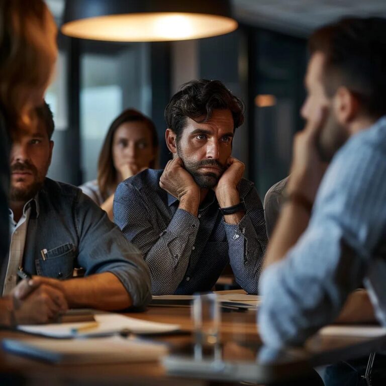 a focused office scene featuring a concerned professional intently observing a distressed colleague during a team meeting, with emotional cues visibly displayed, highlighting the crucial moment of recognizing warning signs for crisis intervention.