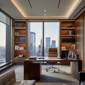 a focused office setting showcases a professional consultation between a crisis interventionist and a client, with a modern desk adorned with resourceful materials and a calm, supportive ambiance enhancing the discussion.