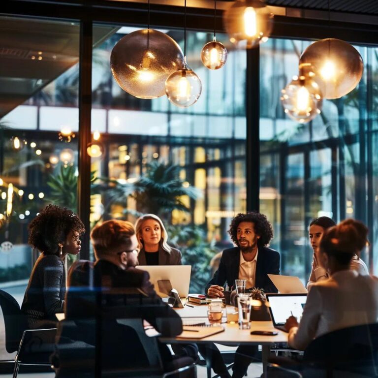 a focused, professional setting highlights a diverse group of ethical decision-makers engaged in a dynamic discussion around crisis intervention strategies, illuminated by sleek, modern office lighting that enhances the urgency and importance of their dialogue.